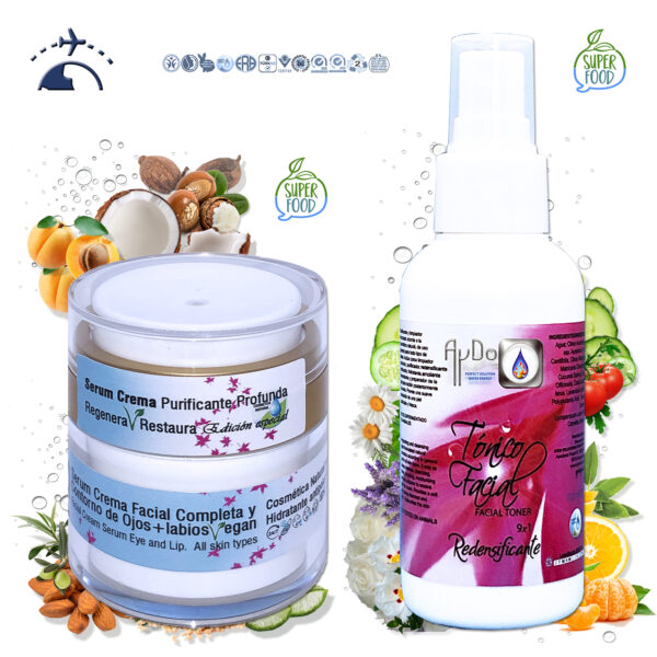 Kit Cosmetica Facial Vegan eco cosmetica bio Ingredientes serum crema tonico facial aydoagua