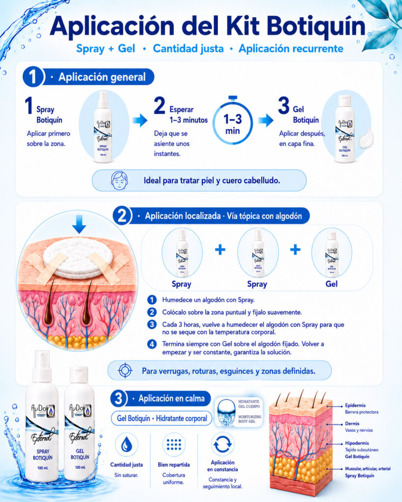 Infografía de aplicación del Kit Botiquín AyDoAgua con Spray y Gel, vía tópica con algodón y Gel Botiquín como hidratante corporal.