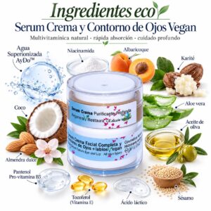 Ingredientes eco de la Serum Crema Facial y Contorno de Ojos Vegan AyDoAgua. Activos botánicos y cuidado profundo para rostro, ojos y labios. 