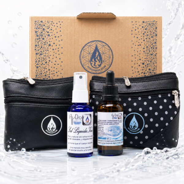 Kit Suero de Agua Portátil AyDoAgua con Sal Líquida y Potabilizador Purificador en estuche de viaje, neceseres y caja serigrafiada