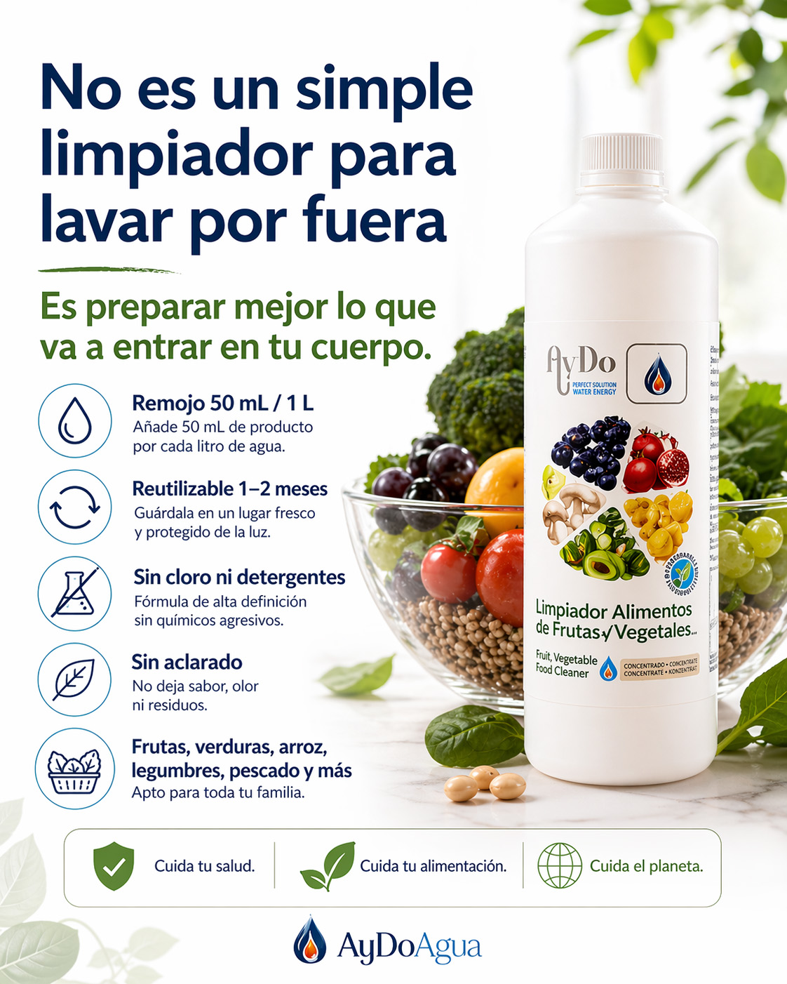 Limpiador de Alimentos AyDoAgua con información de uso: remojo 50 mL por litro, reutilizable 1 a 2 meses, sin cloro, sin detergentes y sin aclarado