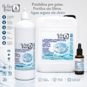 Potabilizador de Agua Purificador Eco Gotas AyDoAgua en formatos 30 mL, 1 L y 5 L para purificar agua sin filtros ni cloro.