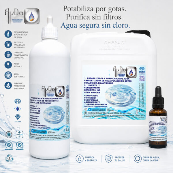 Potabilizador de Agua Purificador Eco Gotas AyDoAgua en formatos 30 mL, 1 L y 5 L para purificar agua sin filtros ni cloro.