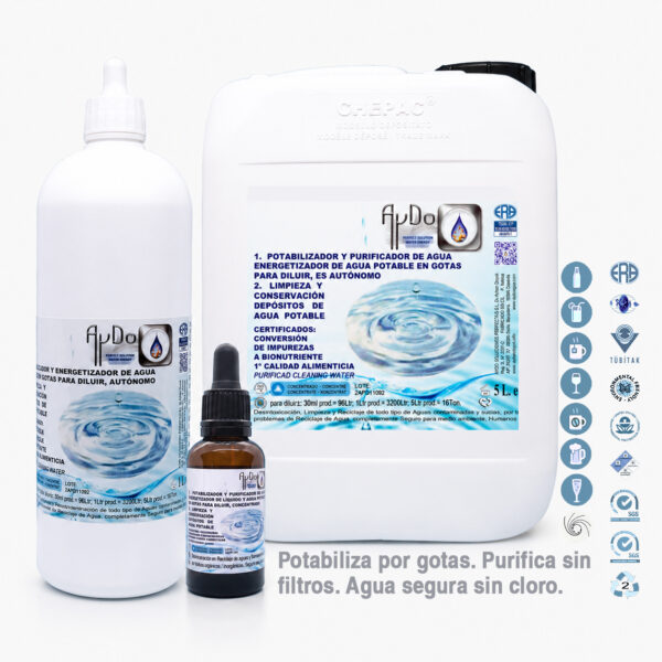 Potabilizador de agua purificador Eco AyDoAgua en gotas, formatos 30 mL, 1 L y 5 L para purificar agua sin filtros ni cloro.
