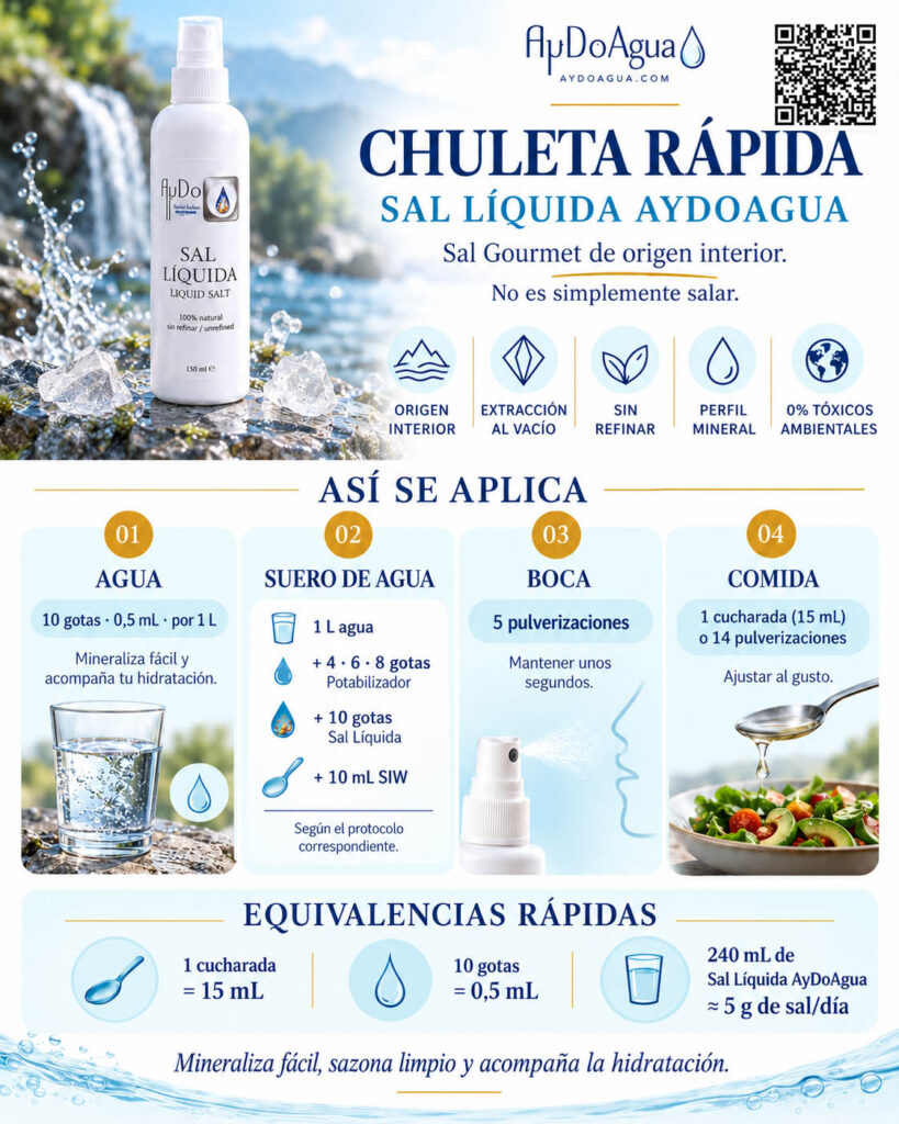 Infografía de Sal Líquida AyDoAgua con cuatro aplicaciones: agua, Suero de Agua, boca y cocina, con dosis y equivalencias.