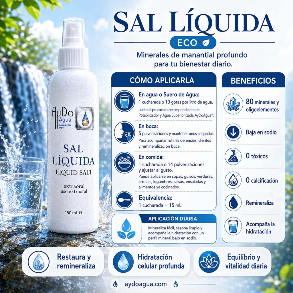 Sal Líquida Eco AyDoAgua baja en sodio con 80 minerales y oligoelementos, aplicación en agua, Suero de Agua, comida y cuidado bucal