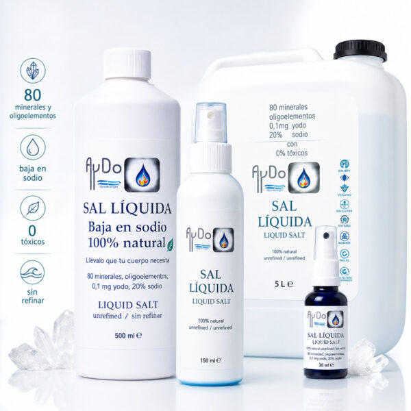 Sal Líquida Eco AyDoAgua baja en sodio en formatos 30 mL, 150 mL, 500 mL y 5 L con 80 minerales y oligoelementos
