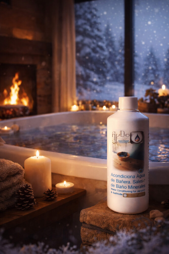 Spa en casa con sales minerales AyDoAgua, ambiente cálido de invierno con chimenea y nieve exterior, baño relajante y cuidado consciente