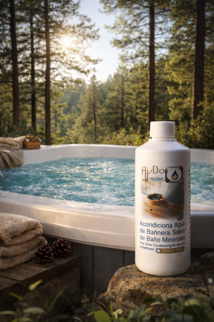 Spa exterior en verano con sales termominerales AyDoAgua, piscina desmontable entre pinos, baño consciente y regulación corporal.