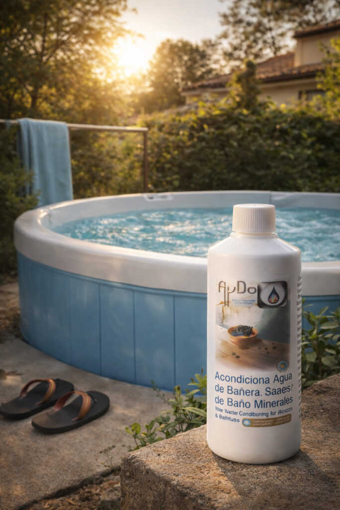Spa exterior en verano con sales termominerales AyDoAgua, piscina desmontable entre pinos, baño consciente y regulación corporal.