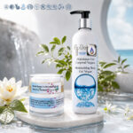 Kit Cosmética Natural Vegan Eco AyDoAgua con sérum facial y gel corporal hidratante en ambiente spa