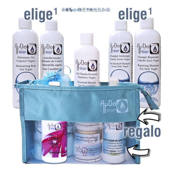 Kit Neceser cosmética e higiene eco personalizable unisex AyDoAgua con Tónico Facial, Serum, Desodorante y productos para piel y cabello