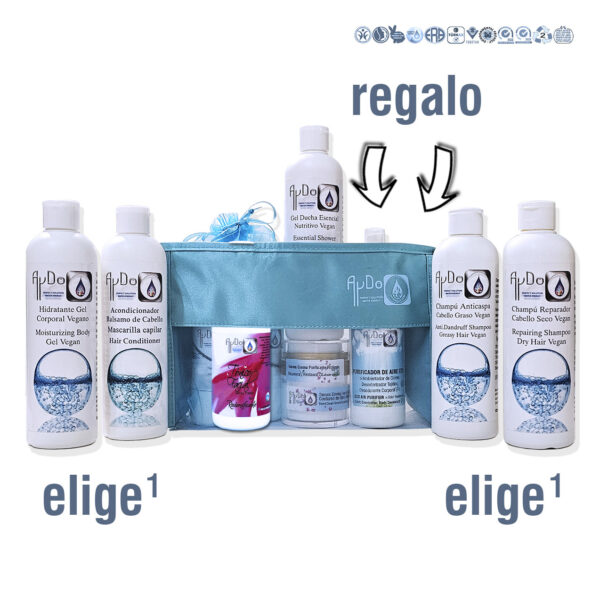 Kit Neceser cosmética e higiene eco AyDoAgua con champús, hidratante, acondicionador, Tónico Facial, Serum, Gel de Ducha y Desodorante