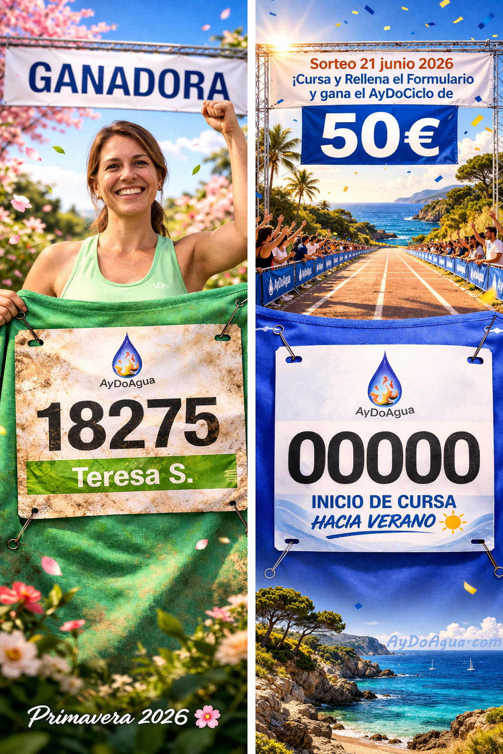 Ganadora sorteo AyDoAgua Primavera 2026 Teresa S y anuncio sorteo verano AyDoCiclo 50€ con participación mediante encuesta