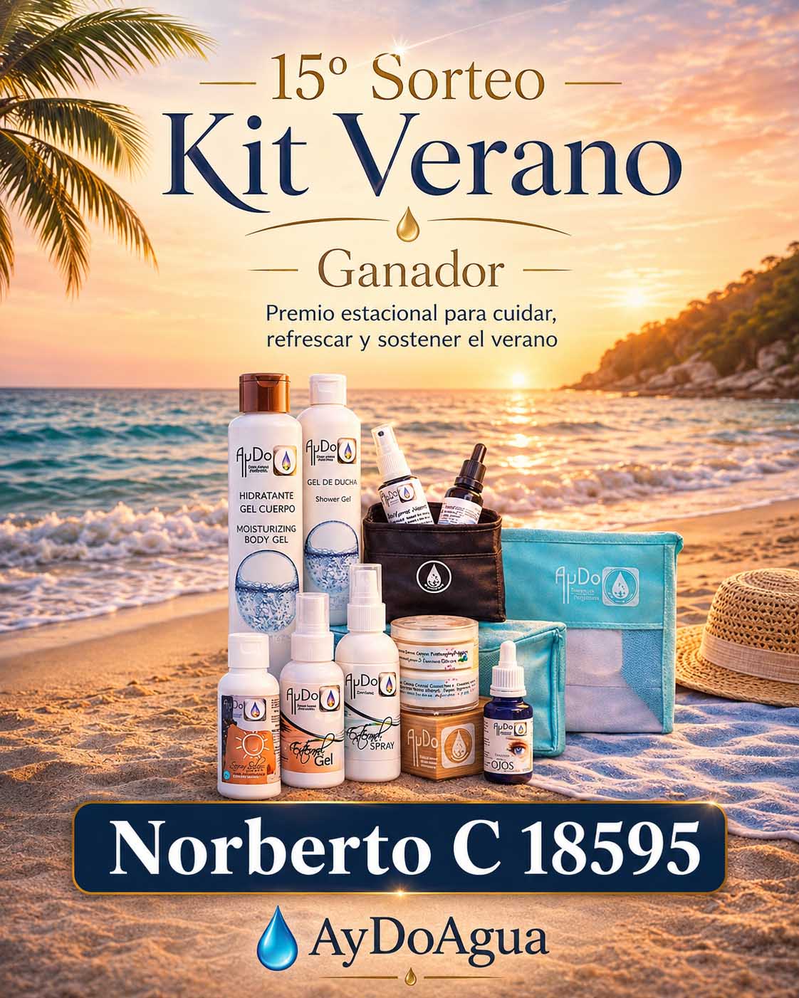 Ganador del 15º Sorteo Kit Verano AyDoAgua 2026, Norberto C 18595, con premio estacional de verano AyDoAgua.