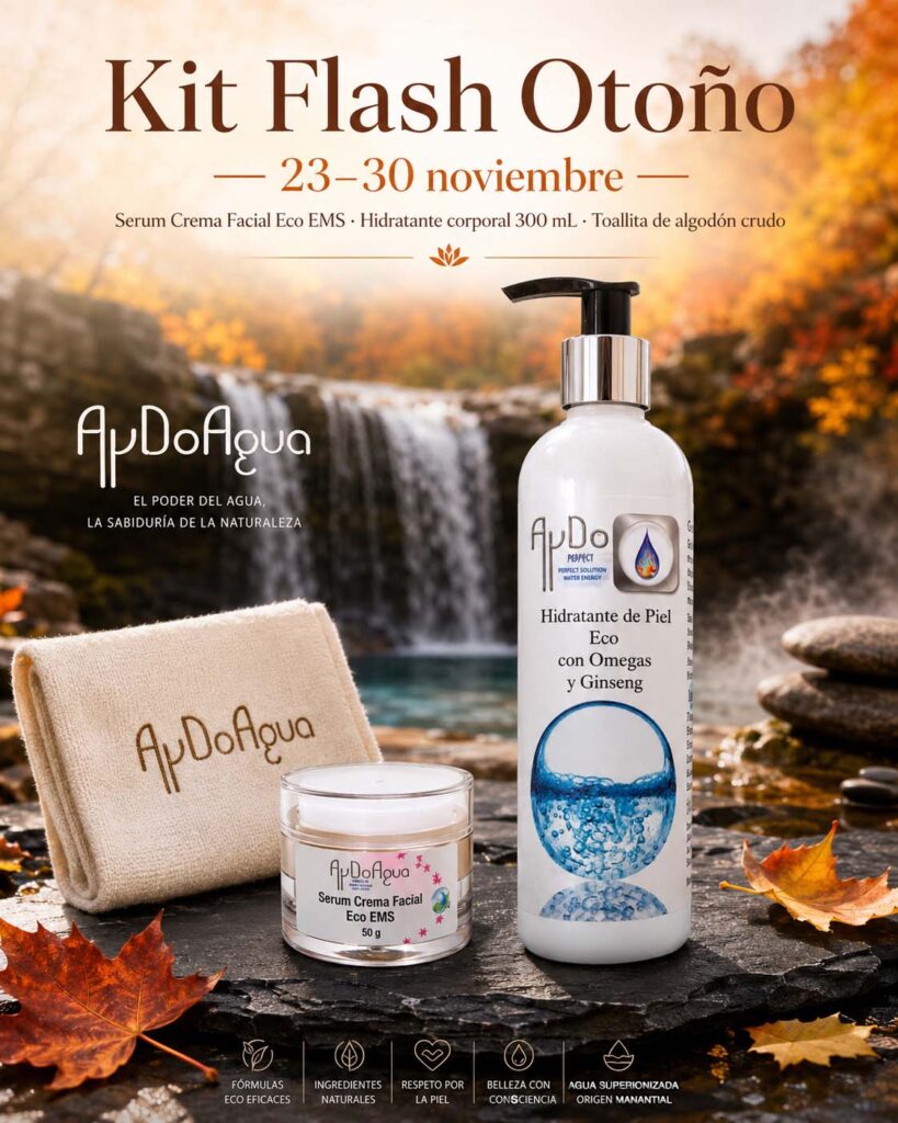 Kit Flash Otoño AyDoAgua 2026 con Serum Crema Facial Eco EMS 50 g, Hidratante de Piel Eco con Omegas y Ginseng 300 mL y Toallita de algodón crudo junto a una cascada otoñal.