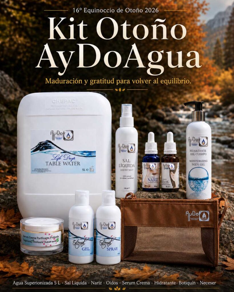 Kit Otoño AyDoAgua del 16º Sorteo Estacional Equinoccio de Otoño 2026 con Agua Superionizada 5 L, Sal Líquida, Gotas Nasales, Gotas Oídos Ginkgo, Serum Crema Facial, Hidratante Gel Cuerpo, Botiquín Spray y Gel, y neceser cobre.