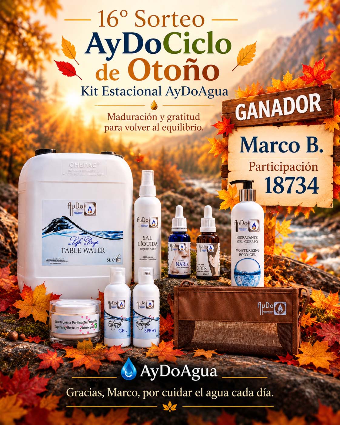 Marco B. ganador del 16º Sorteo Kit Otoño AyDoAgua 2026 con participación 18734