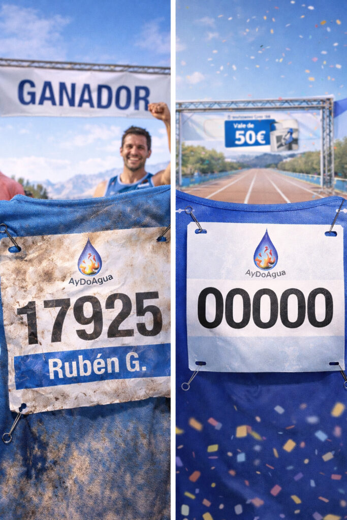 Imagen del AyDoCiclo de invierno AyDoAgua con ganador del cupón de 50 euros representado por dorsal de carrera y escena de meta, junto a un dorsal inicial que simboliza el inicio de una nueva cursa del Sorteo Estacional.