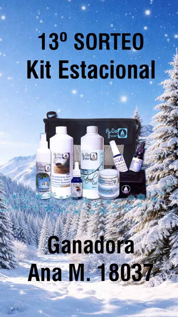 Ganadora del 13º Sorteo AyDoAgua del Kit Estacional de Invierno con formulaciones AyDoAgua sobre paisaje invernal nevado.