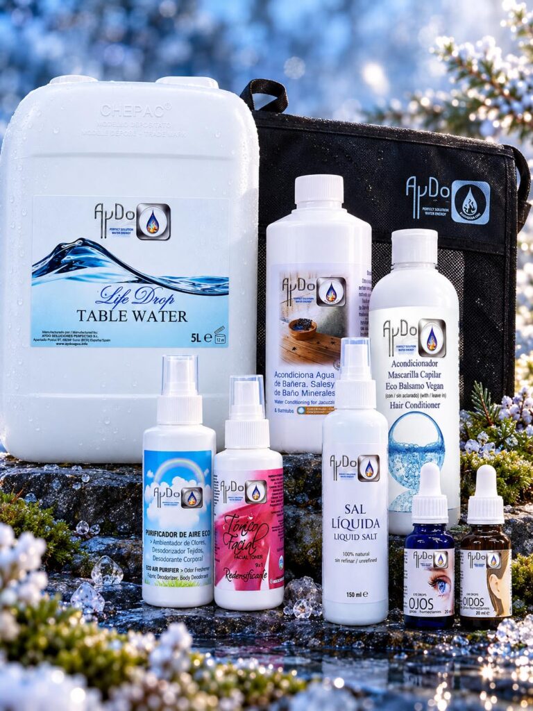 Kit Estacional Invierno AyDoAgua 2026 con Agua Superionizada 5 L, Sal Líquida, Ojos, Oídos, Tónico Facial, Acondicionador, Sales de Baño, Purificador y neceser negro