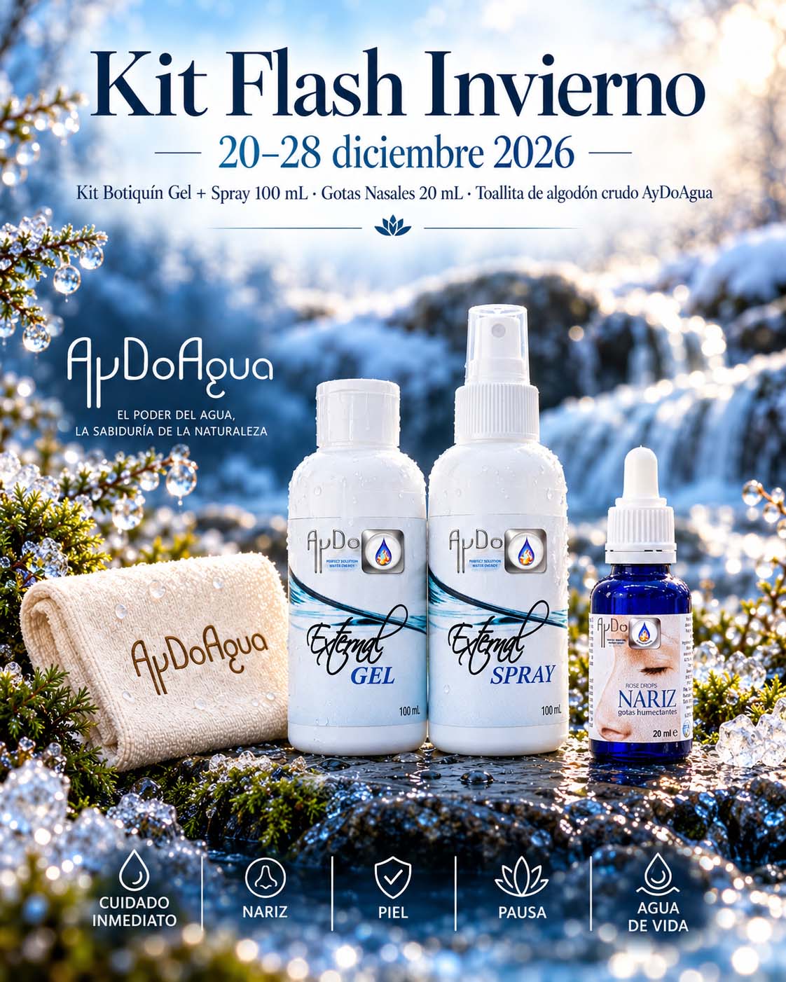 Kit Flash Invierno AyDoAgua con Kit Botiquín Gel y Spray 100 mL, Gotas Nasales 20 mL y toallita de algodón crudo