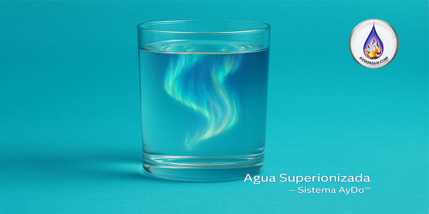 Agua de alta definición AyDoAgua, vaso con aurora interna que representa el sistema de agua superionizada