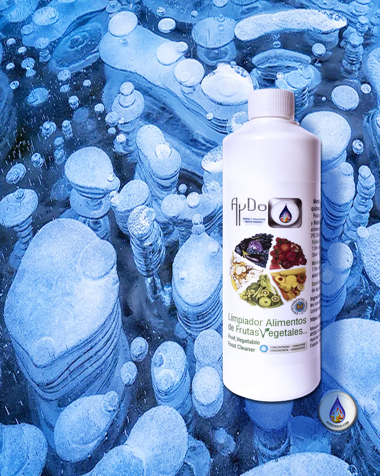 Flores de hielo sobre hielo joven y Limpiador Eco para frutas, verduras y arroz AyDoAgua (biomímesis del agua y limpieza sin perfume)