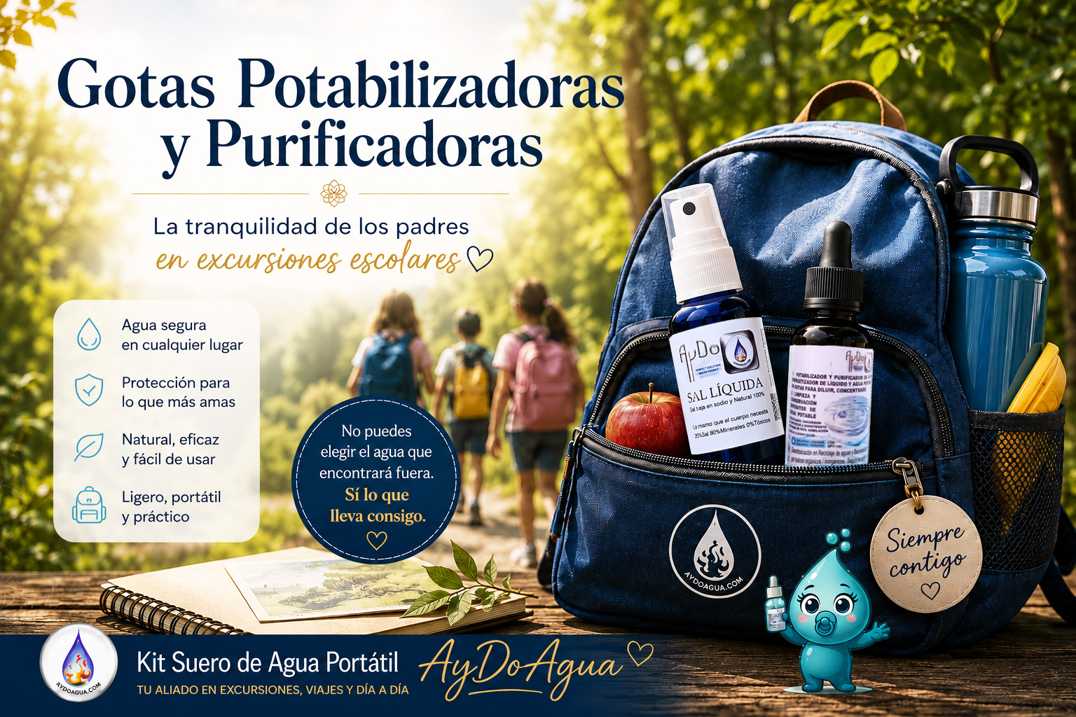 Kit Suero de Agua Portátil AyDoAgua en mochila escolar con AyDoBaby y gotas potabilizadoras para excursiones escolares y agua segura fuera de casa.
