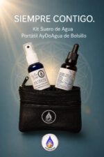 Kit Suero de Agua Portátil AyDoAgua de Bolsillo con Sal Líquida y Potabilizador en estuche portátil negro sobre fondo con semilla de la vida.
