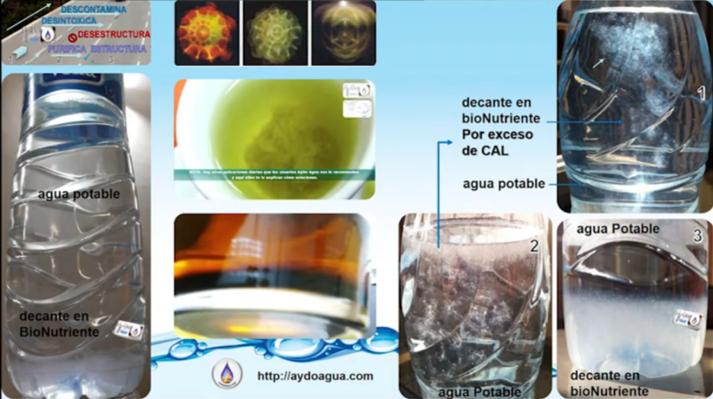 Proceso AyDoAgua de conversión biomimética del agua donde los contaminantes decantan en bionutriente y el agua queda potable y cristalina.