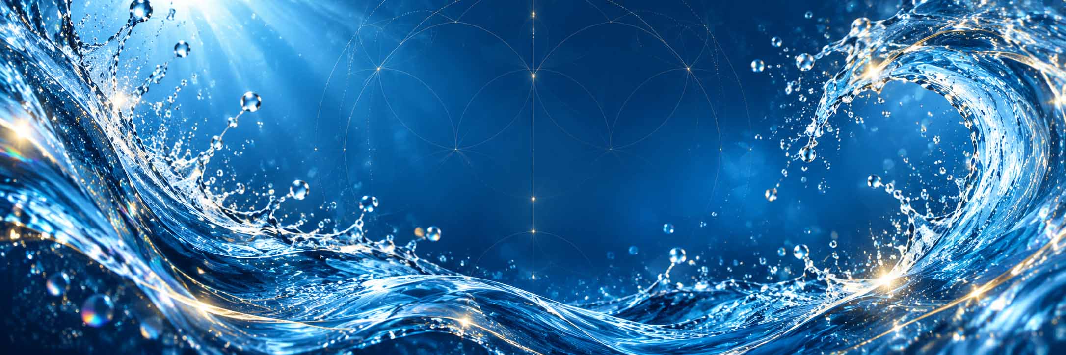 Cabecera Shop AyDoAgua con olas de agua cristalina azul ultramar, geometría sutil y destellos dorados.